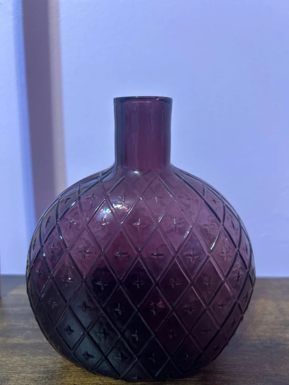 Vintage Amethyst Quilted Diamond Pattern Mold Blown Glass Flask Pontil Bottle